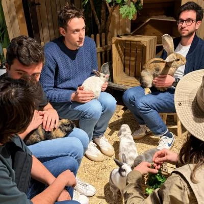 Adulte caressant des lapins lors d'un Team building